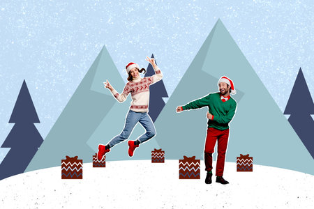 Creative collage of two funky excited people dance jump show v-sign x-mas new year giftbox snowfall painter forest treesの写真素材