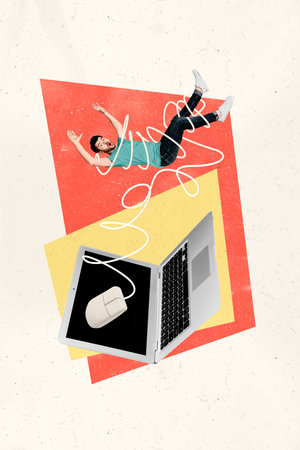 Vertical collage picture of impressed mini guy tied mouse cable wire big laptop isolated on painted...