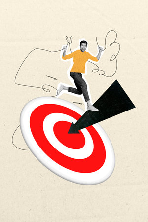 Vertical collage of delighted black white colors mini guy jump hold string arrow pointer big darts board target isolate don paper backgroundの写真素材