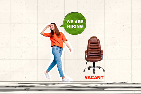 Vertical 3d photo collage of successful woman looking far away office company hiring candidate vacancy isolated on creative backgroundの写真素材