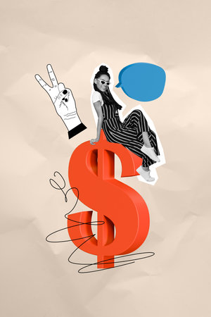 Vertical collage picture of mini black white colors girl sit big dollar money symbol painted arm demonstrate v-sign isolated on paper backgroundの写真素材