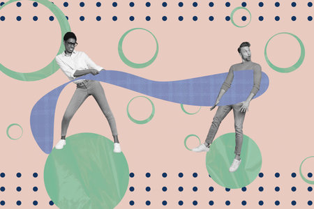 Magazine picture collage image of tired boss trying motivate lazy worker isolated creative backgroundの写真素材