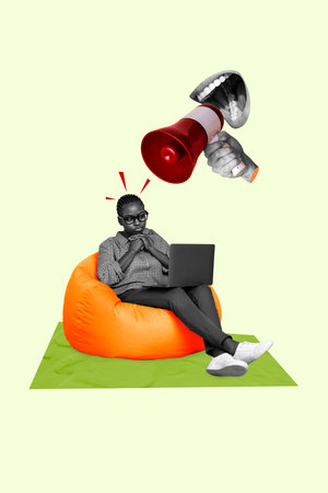 Picture collage poster of thoughtful girl sitting beanbag browsing netbook sms message work hard command isolated on drawing backgroundの写真素材