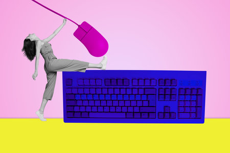 Creative poster collage of funny crazy female pink wired mouse blue keyboard pc remote worker bizarre unusual fantasy billboard comicsの写真素材