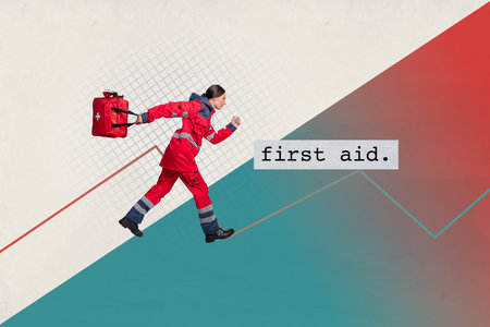 Creative drawing collage picture of beautiful young female running fast paramedic professional medic magazine surrealism metaphorの写真素材