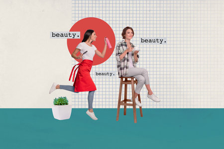 Composite collage image of funny positive female hairdresser spa salon professional worker client enjoy hairdo magazine surrealism metaphorの写真素材