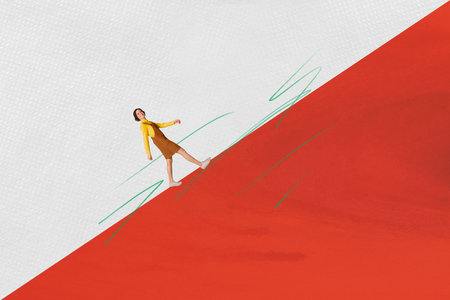 Composite collage picture image of young female going up hill slope red copyspace black friday poster magazine surrealism metaphorの写真素材
