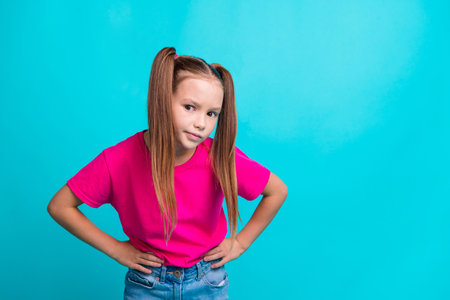 Portrait of focused schoolkid put arms waist listen interested eavesdrop empty space isolated on...