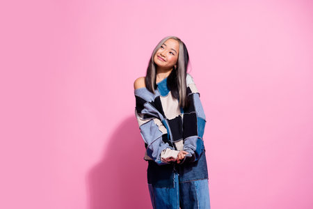 Photo of creative minded nice girl look empty space fantasize imagine isolated on pink color...