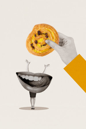 Vertical composite creative collage of absurd hungry person lick teeth delicious yummy cookie with raisins isolated on white backgroundの写真素材