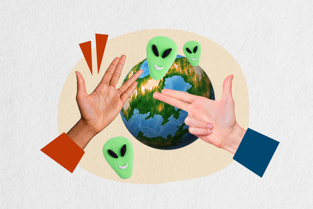 Photo collage artwork picture image of plasticine green aliens invade earth planet fingers kill...
