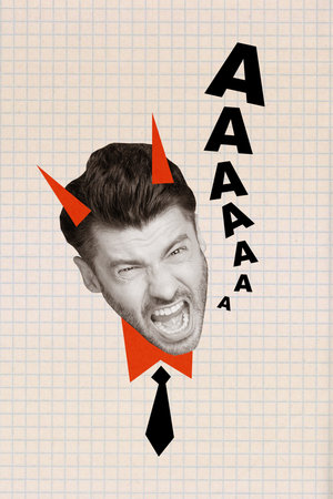 Picture collage sketch of crazy furious outraged man loud shouting aaa isolated on painted...