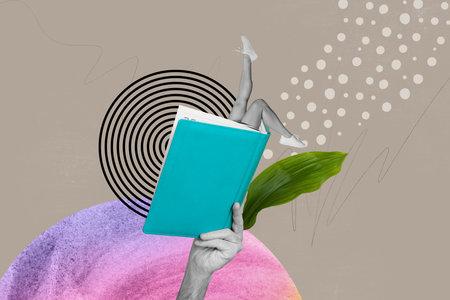 Bizarre creative exclusive collage of person reading strange book with feet materials hypnotize mind with disinformationの写真素材