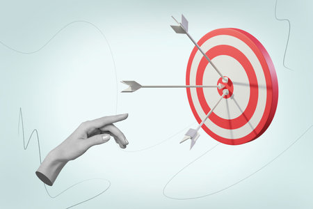 3d creative image picture collage of many arrows hit target center demonstrate successful job...