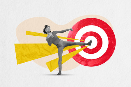 Creative banner motivation concept illustration collage of young businesswoman happy hit leg center dartboard isolated on white backgroundの写真素材