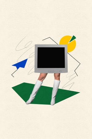 Collage image artwork of weird unknown unusual faceless woman pc retro obsolete gadget isolated on drawing backgroundの写真素材