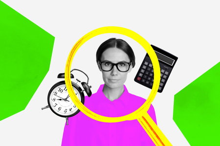 Photo collage banner poster smart young business woman magnifying loop calculator clock time...
