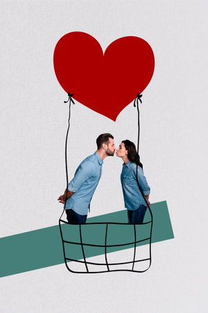 Composite collage image of cute couple kiss air balloon flying valentine day dating love concept billboard comics zine minimal conceptの写真素材