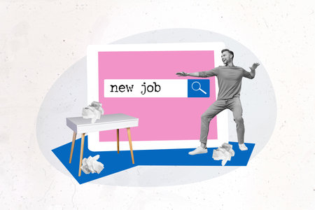 Photo collage artwork minimal picture of impressed guy looking for new job isolated graphical backgroundの写真素材