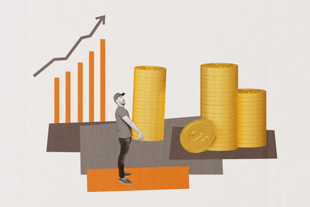 Collage picture of rich successful man earning money increase income profit isolated on painted backgroundの写真素材