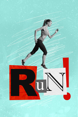 Vertical collage image of black white effect mini sportive girl run exclamation mark isolated on painted turquoise backgroundの写真素材