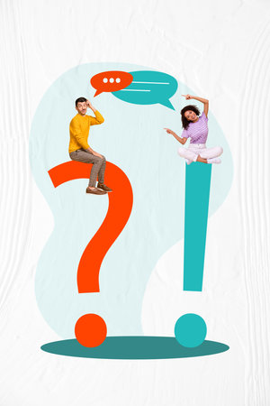 Vertical photo collage of two young friends couple people sitting on huge question and exclamation mark talking messaging each other on creative backgroundの写真素材
