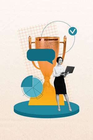 Collage confident business woman using laptop analyzing pie charts diagram achieved best employee goblet prize isolated on white backgroundの写真素材