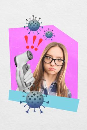Photo of stressed young lady collage picture worried person has high temperature during the test...