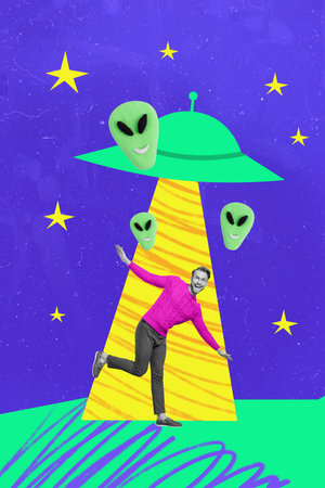 Vertical collage picture of aliens ufo spaceship abduct excited black white colors dancing guy painted night sky starsの写真素材