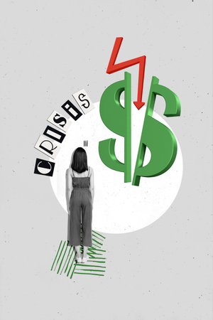 Creative vertical collage image standing confused young woman black white dollar arrow decrease money loss bankruptcyの写真素材