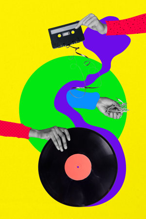Photo cartoon comics sketch collage picture of arms holding obsolete music devices isolated creative backgroundの写真素材