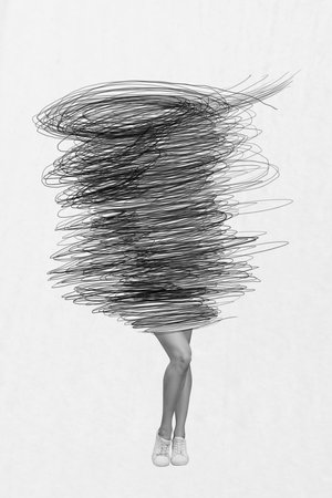 Creative retro 3d magazine collage image of puzzled lady tornado instead body isolated white color backgroundの写真素材