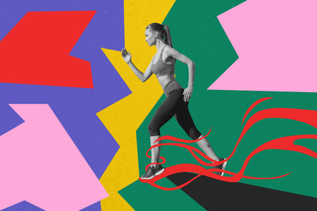 Magazine picture sketch collage image of excited purposeful lady running jogging isolated creative backgroundの写真素材