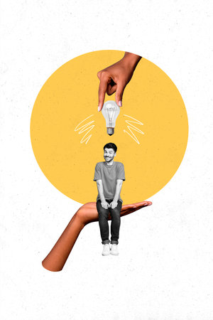 Vertical creative collage picture miniature smile happy young man sit human hand hold bulb electric idea orange circle white backgroundの写真素材