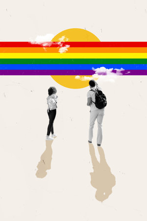 Creative vertical poster collage image two man girl walking towards equality rainbow sun clouds freedom symbolの写真素材
