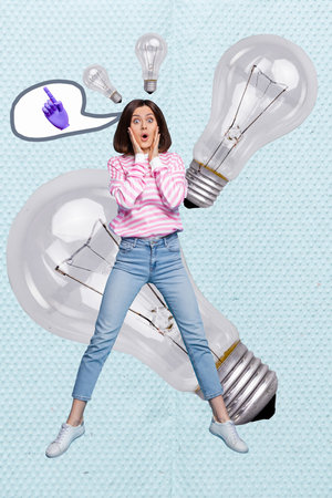 Vertical collage picture illustration shock thoughtful young lady hold face arms bulb electric surprise finger light blue backgroundの写真素材
