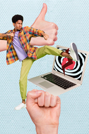 Vertical collage of aggressive young student man kick leg destroying laptop hypnosis hater social networks isolated on blue backgroundの写真素材