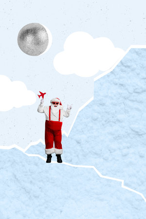 Vertical creative collage image of santa claus hold plane travelling ball new year snowy atmosphere christmas celebration x-masの写真素材