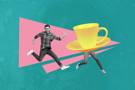 Creative abstract template collage of funny female run coffee tea cup legs bodyless pause morning breakfast billboard comics zine minimalの写真素材