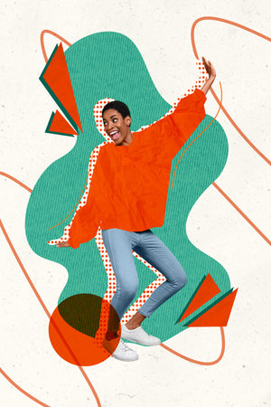 Vertical collage creative illustration happy beautiful young woman dance discotheque lifestyle nightclub hit music relax colorful figureの写真素材