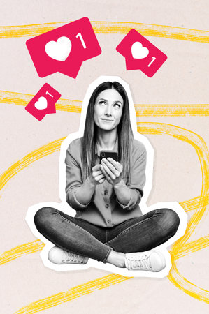 Vertical collage picture illustration cute young woman think like mobile reaction popular sit look...