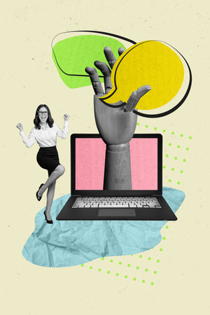 Vertical collage of office manager worker girl in formal wear celebrate new cms program chatting bubble clouds isolated on gray backgroundの写真素材