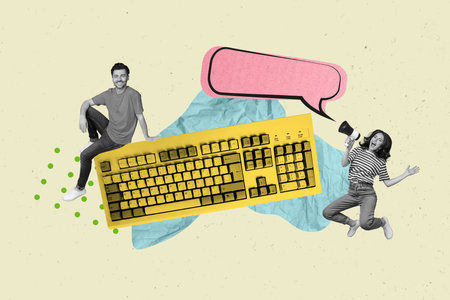 Collage image artwork sharing narrative information girl screaming megaphone in community chat using...