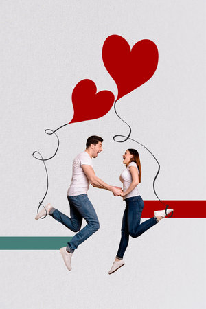 Creative abstract template collage of funny couple balloons jump valentine day dating love concept billboard comics zine minimal conceptの写真素材