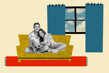 Artwork collage image of two cheerful black white effect partners sit sofa cuddle watch tv drawing window isolated on beige backgroundの写真素材