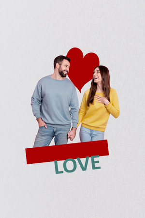 Creative trend collage of young couple walk hold hands talk valentine day dating love concept...