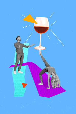 Vertical collage image of mini black white effect girl bridge hand stand leg hold big wine glass...