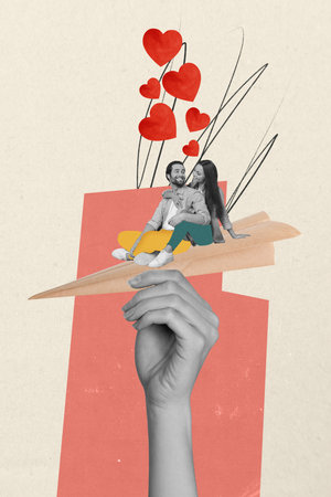 Vertical collage of black white colors arm hold paper plane two mini peaceful idyllic partners cuddle heart symbols isolated on paper backgroundの写真素材
