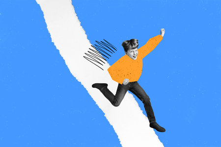 Creative abstract template collage of funny running little boy man snowy weather blue white new year atmosphere christmas celebration x-masの写真素材