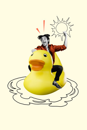 Collage image picture of funky cheerful man swimming on huge duck summer vacation isolated on drawing backgroundの写真素材